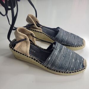 LACE UP BOHO SEXY NAVY BLUE CREAM ESPADRILLE WEDGE SANDALS 9.5 9 1/2 APOSTROPHE